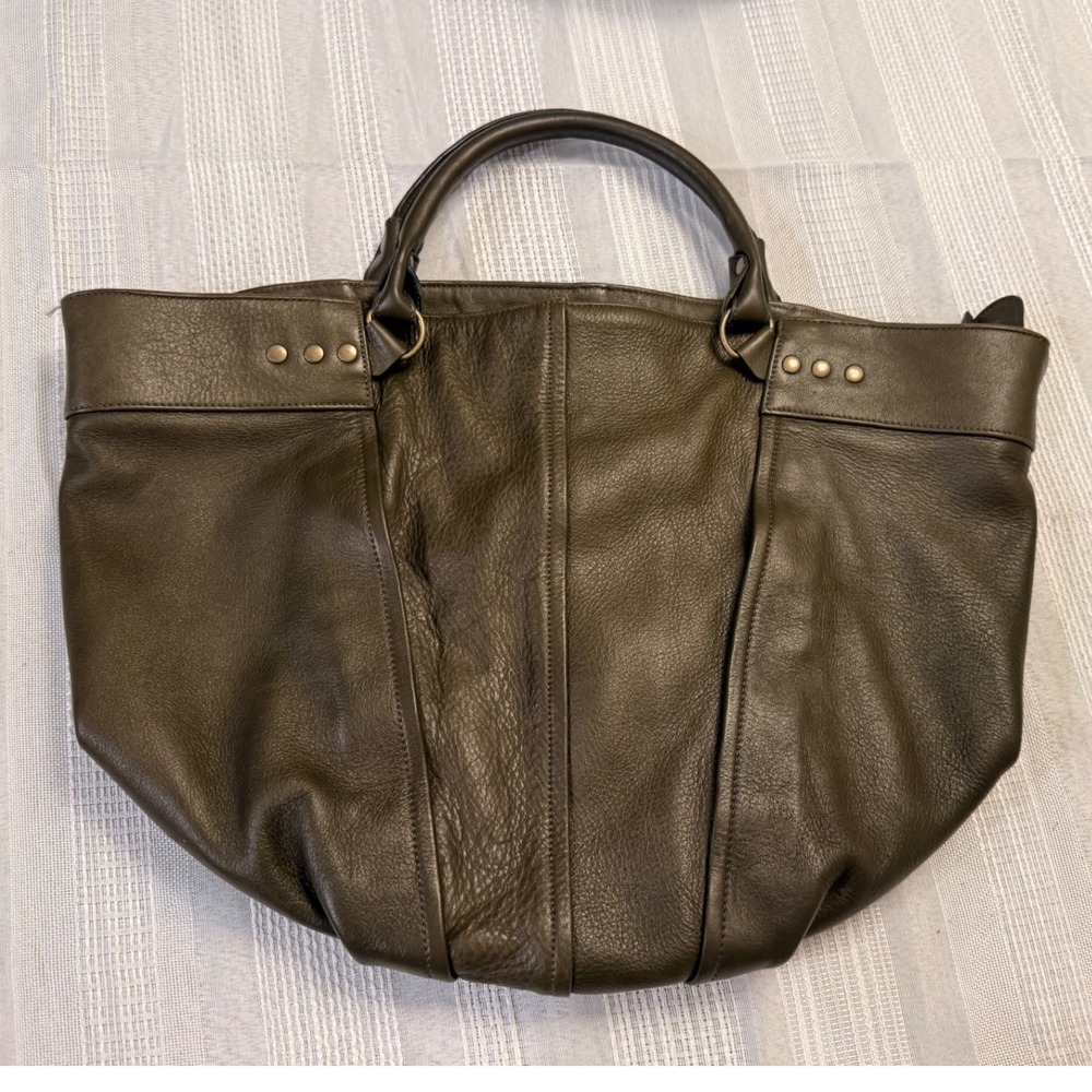 Eileen Fisher Olive Green Leather Tote Bag Hobo Handbag Brass Hardware - Picture 1 of 11